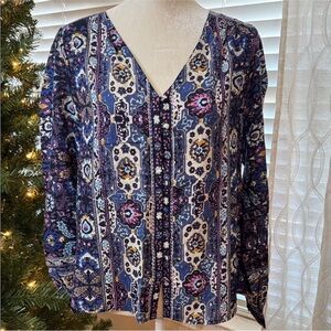 Lucky Brand Boho Floral Blouse Women’s M Long Sleeve Button Front